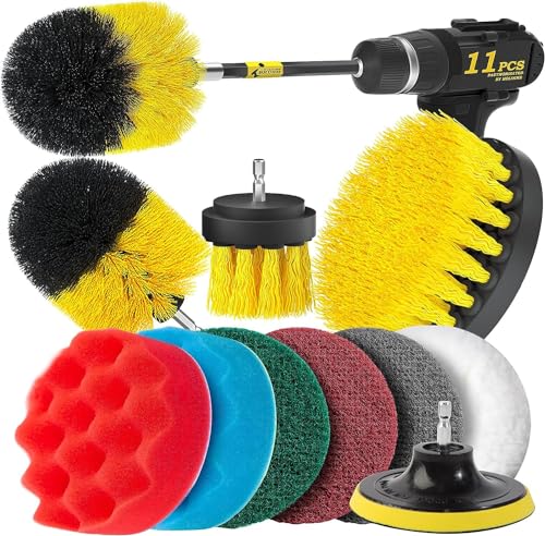 Book Cover Holikme 11 Piece Drill Brush Attachment Set Scouring Pads Power Scrubber Brush Scrub Pads for Bathroom Surfaces, Floor, Tub, Shower, Grout, Tile, Corners,Cleaning Brush