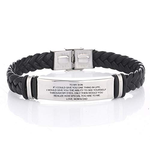 Book Cover LiFashion LF 316L Stainless Steel to My Son Bracelet Braided Leather Sentiment Motivational Inspiration Cuff Bracelets for Son for Birthday Christmas Graduation Gift from Dad Mom