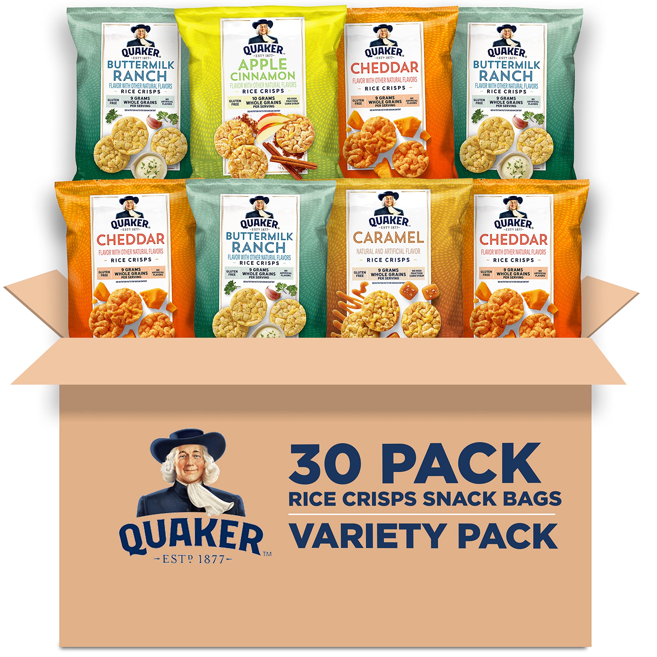 Book Cover Quaker Rice Crisps, Gluten Free, 4 Flavor Sweet and Savory Variety Mix, Single Serve 0.67oz, 30 count Crisps, Sweet & Savory Variety Pack