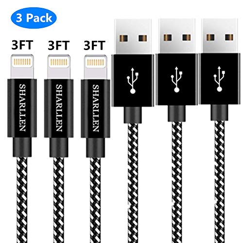 Book Cover Sharllen MFi Certified iPhone Charging Cable 3 Pack 3FT Nylon Braided Fast USB Charging&Syncing Cord Cell-Phone Charging Cable Compatible iPhone Charger XS/Max/XR/X/8P/8/7/7P/6/iPad/iPod(Black-3FT)
