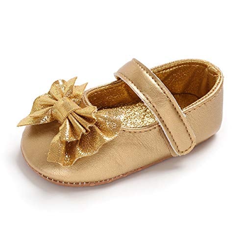 Book Cover ENERCAKE Infant Baby Girls Mary Jane Flats Non-Slip Soft Soled Toddler First Walkers Crib Shoes Princess Dress Shoes(12-18 Months Toddler, A1-Gold)