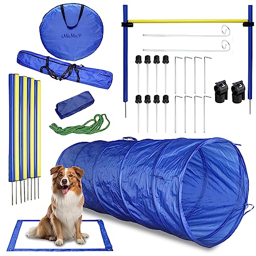 Book Cover MiMu Dog Agility Training Equipment Kit with 5-Foot Full Length Dog Agility Tunnel, 8 Weave Poles, 1 Dog Agility Jump