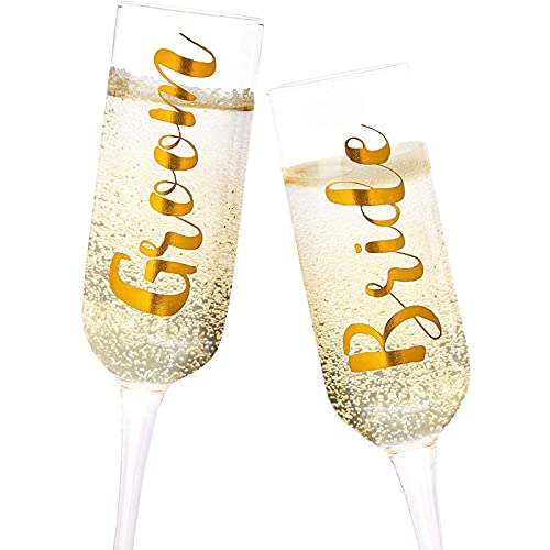 Book Cover Juvale 2 Pack Gold Bride and Groom Champagne Flutes, Wedding Toasting Glasses (8 Ounces)