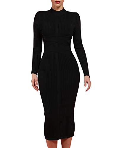 Book Cover whoinshop Women's Cross Strap Ribbed Bandage Long Sleeve Midi Fall Winter Bodycon Party Dress