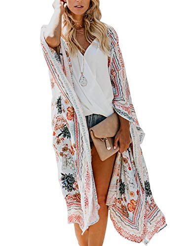 Book Cover Women's Long Kimono Flowy Cardigan Boho Style Chiffon Floral Beach Cover Up Tops