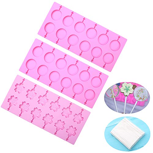 Book Cover BAKER DEPOT Round Silicone Lollipop Molds 2 pcs Cherry Blossoms Chocolate Hard Candy Mold 1pc with 108pcs Paper Sticks, Set of 3