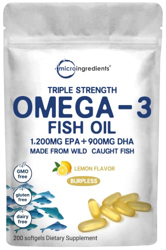Book Cover Triple Strength Omega 3 Fish Oil Supplements 3000mg, 200 Softgels - Lemon Flavored - Burpless (Enteric-Coated) | EPA 1200mg + DHA 900mg | Deep Sea Fish, Wild Caught from Norwegian Waters
