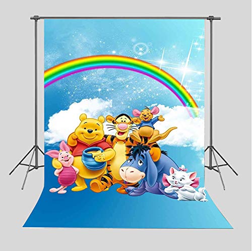 Book Cover TJ Cartoon Winnie The Pooh Friends Photography Backdrops Children Baby shower Birthday Party Decoration Supplies Rainbow Photo Studio Props White Clouds Photo Background Booth 5x7FT Vinyl