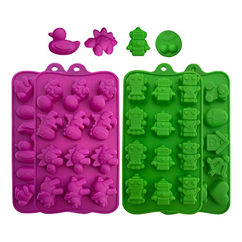 Book Cover Silicone Candy Molds, Chocolate Molds: BPA Free Baking Molds for Chocolate, Shaping Hard or Gummy Candies, Keto Fat Bombs, Jello, Ice Cubes- Animals, Dinosaur, Robots, Ducks, Cute Shapes Molds, 4 Pack
