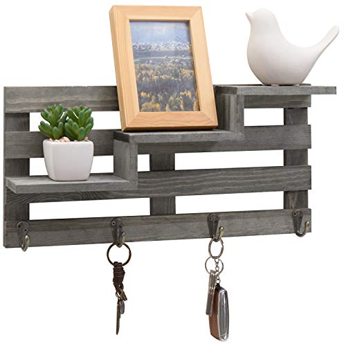 Book Cover MyGift Wall Mounted Vintage Gray Wood Entryway Key Holder Rack and Wall Decor with 3 Tier Stair Display Shelf