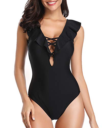 Book Cover Tempt Me Women One Piece Sexy Lace Up Swimsuit Ruffle Flounce V Neck Swimwear