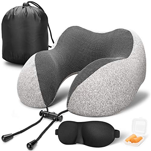Book Cover MLVOC Travel Pillow 100% Pure Memory Foam Neck Pillow, Comfortable & Breathable Cover, Machine Washable, Airplane Travel Kit with 3D Contoured Eye Masks, Earplugs Bag, Standard, Gray