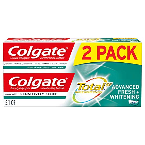 Book Cover Colgate Total Whitening Toothpaste, Advanced Fresh + Whitening Gel, 5.1 Ounce (Pack of 2)
