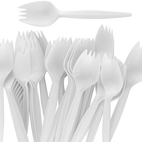 Book Cover BPA-Free White Disposable Sporks 250 Pk. Recyclable, Eco-Friendly and Kid-Safe 2-in-1 Utensils Built Strong to Last Large Meals. Great for School Lunch, Picnics or Restaurant and Party Supply