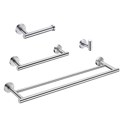 Book Cover Hoooh 4-Piece Bathroom Accessories Set Brushed Stainless Steel Wall Mount - Includes Double Towel Bar, Hand Towel Rack, Toilet Paper Holder, Robe Hooks, BS100S4-BN