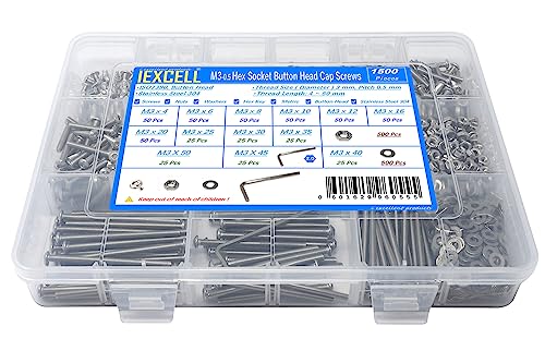 Book Cover iExcell 1500 Pcs M3 x 4/6/8/10/12/16/20/25/30/35/40/45/50 Stainless Steel 304 Hex Socket Button Head Cap Screws Bolts Nuts Washers Assortment Kit