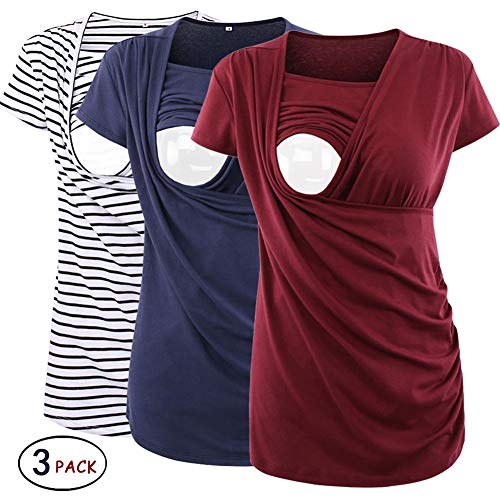 Book Cover Ecavus 3 Packs Women's Ruched Side-Shirred Nursing Top Breastfeeding Tee Shirt