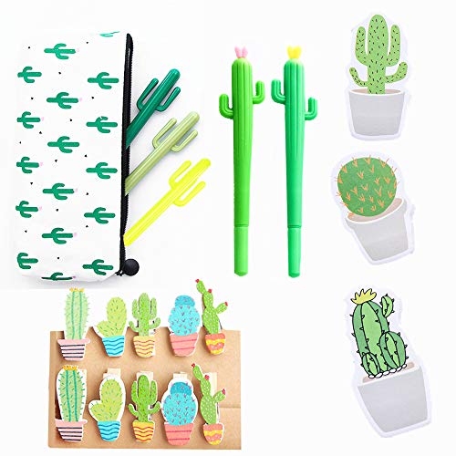 Book Cover JeVenis 19 Pcs Cactus Ballpoint Pen Cactus Black Ink Writing Pens with Cactus Pencil Pouch Cactus Clip Cactus Notes Sticker for Office School Home Supply Gift