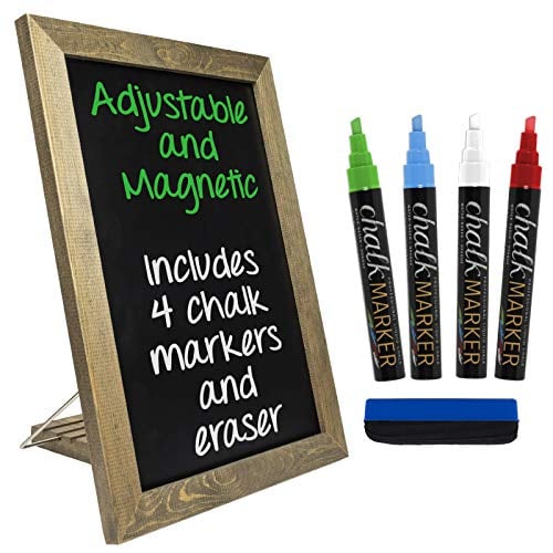 Book Cover Excello Global Products Rustic Tabletop Chalkboard: Includes 4 Liquid Chalk Markers Magnetic Eraser - Adjustable Small Magnetic Board Kitchen Sign - Vintage Decoration Countertop Memo - 15