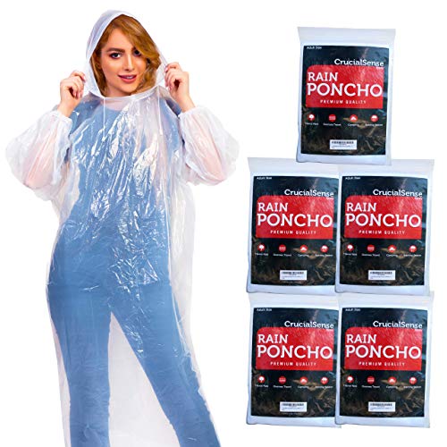 Book Cover CrucialSense Rain Poncho for Adults - Disposable Family Pack of 5, Waterproof Rain Ponchos/Clear Raincoat with Hood for Men and Women. Ideal for Disney, Hiking, Emergency & Travel