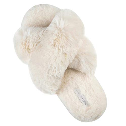 Book Cover HALLUCI Women's Cross Band Soft Plush Fleece House Indoor or Outdoor Slippers
