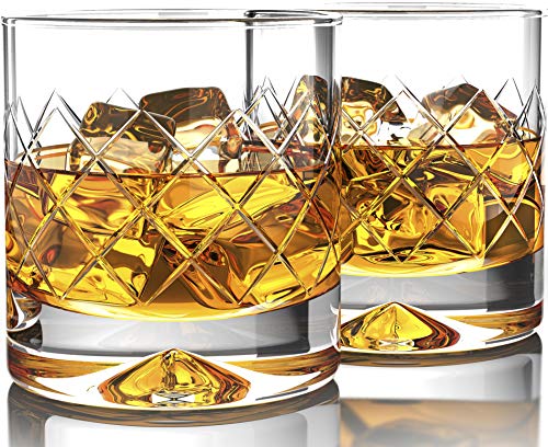Book Cover MOFADO Crystal Whiskey Glasses - DiamondEtch - 12oz (Set of 2) - Hand Blown Crystal - Thick Weighted Bottom Rocks Glasses