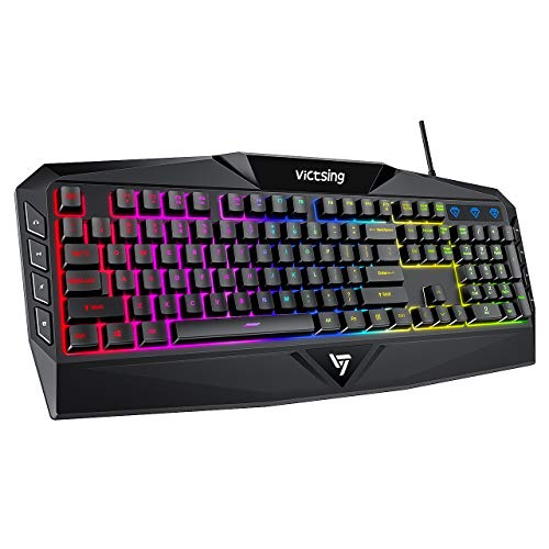Book Cover VicTsing Gaming Keyboard, USB Wired Keyboard with Rainbow Backlit and Spill-Resistant Design, Strong Durability, 8 Multimedia Keys, 19 Anti-Ghosting Keys, Ergonomic Wrist Rest Keyboard - Black