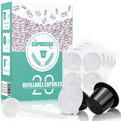 Book Cover CAPMESSO Reusable Espresso Capsules -Refillable Capsule Coffee Pods Filters Reusable 200 Times Compatible with Nespresso Original Line Machines (Black, 20 Pods+20 Lids+Scoop1)