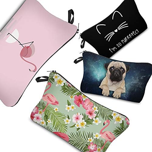 Book Cover PINK PLOT Makeup Bag for Women - 4 Pieces Cosmetic Bag and Toiletry Bag Used in Travel or As a Valentine's Day gift(dog+cat+flamingo)