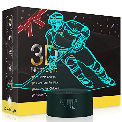 Book Cover Hockey Night Light for Kids, Led Lights 3D Optical Illusion Lamp Bedroom Decor Lighting Nightlight with Smart Touch 7 Colors, Cool Gifts Toys for Girls Boys Sports Fan 2 3 4 5 6 7 8 9 10+ Year Old