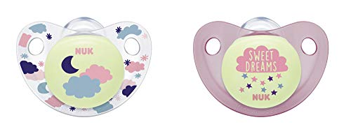 Book Cover NUK Cute-as-a-Button Glow-in-The-Dark Orthodontic Pacifiers, Baby Girls, 0-6 Months, 2-Pack, 0.09 Pounds