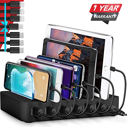 Book Cover Poweroni USB Charging Station Dock - 6-Port - Fast Charge Docking Station for Multiple Devices - Multi Device Charger Organizer - Compatible with Apple iPad iPhone and Android Cell Phone and Tablet