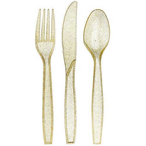 Book Cover 180 Gold Plastic Silverware Set | Glitter Gold Cutlery | Glitter Clear Plastic Cutlery Set | Disposable Silverware Flatware Set | 60 Gold Forks, 60 Gold Spoons, 60 Gold Knives | Fancy Party Utensils