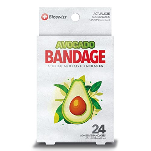 Book Cover BioSwiss Kids Bandages | 24pcs Self-Adhesive Sterile Unique Shaped Bandages Colorful Funny Cute Toddler Girls & Boys, Adults First Aid, Protect Scrapes and Cuts | Wellness for Everyone (Avocado)