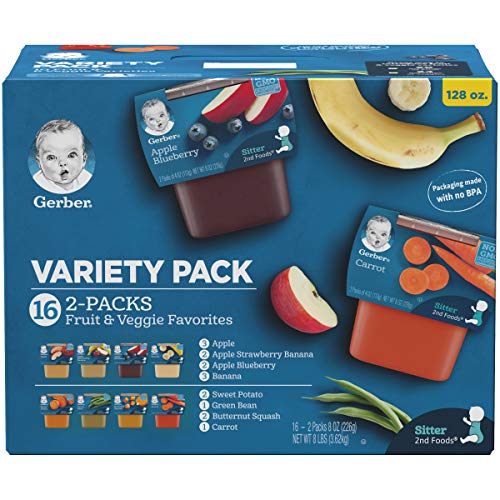 Book Cover Gerber Purees 2nd Foods Veggie & Fruit Variety Pack, 8 Ounces, Box of 16 (Packaging May Vary)