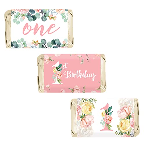 Book Cover DISTINCTIVS Pink Floral 1st Birthday Mini Candy Bar Wrappers - 45 Stickers