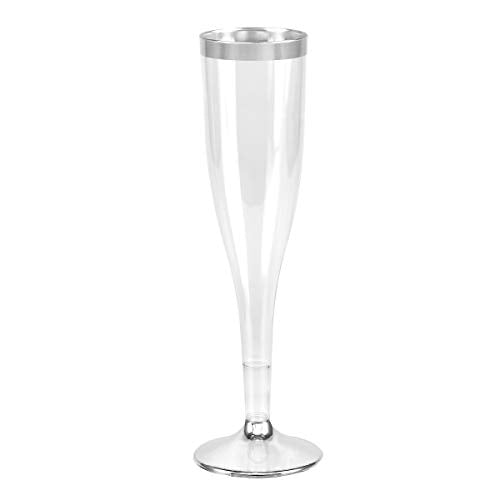 Book Cover Plastic Champagne Glasses with Silver Rim, 50-Pack Disposable or Reusable Wine Glasses, 7 oz