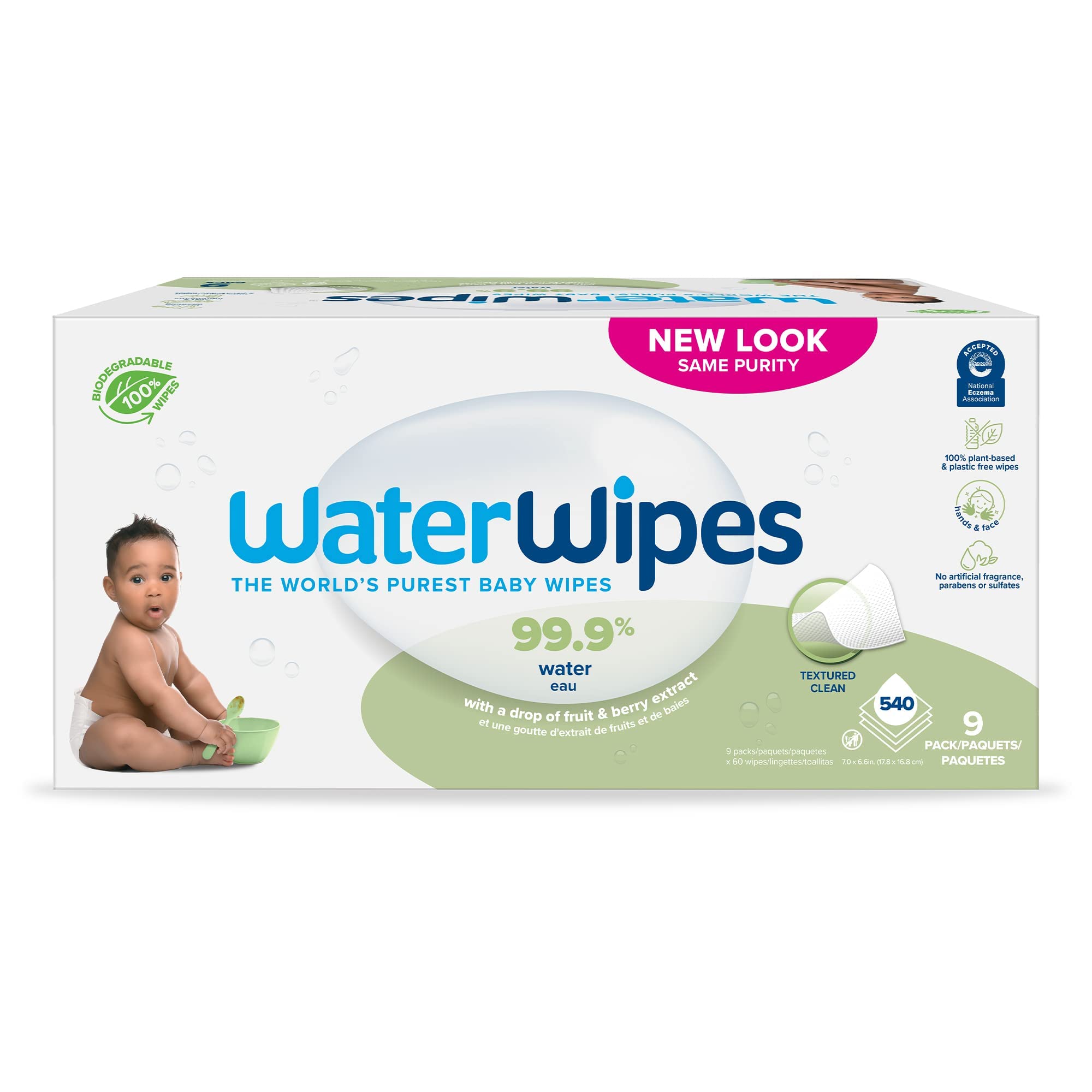 Book Cover WaterWipes Plastic-Free Textured Clean, Toddler & Baby Wipes, 99.9% Water Based Wipes, Unscented & Hypoallergenic For Sensitive Skin, 540 Count (9 Packs), Packaging May Vary 60 Count (Pack of 9)