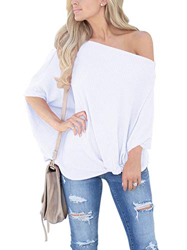 Book Cover INFITTY Womens Knot Front Off The Shoulder Tops Waffle Knit Batwing Sleeve Loose Pullover Shirts Blouse