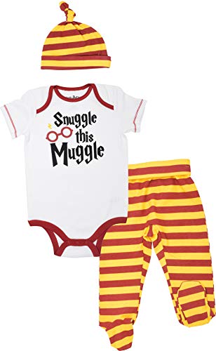 Book Cover Warner Bros. Harry Potter Baby Boys' Layette Clothing Set Bodysuit Pants with Footies & Hat, White 3-6 Months
