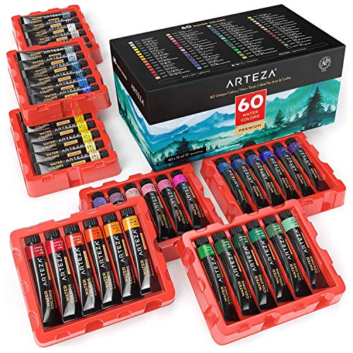 Book Cover ARTEZA Watercolor Paint Set, 60 Colors in 12 ml/0.4 US fl oz Tubes, Premium Non Toxic Water Colors Paint for Adults, Artists & Hobby Painters, Bright Vibrant Watercolor Paints