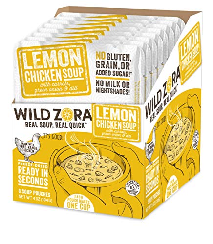 Book Cover Wild Zora Instant Keto Soups - Lemon Chicken - Healthy Broth with Free Range Chicken and Vegetables - Gluten Free, AIP Friendly, No Milk Or Nightshades, Low Carb - Individual Packets (8-Pack)