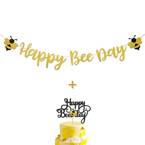 Book Cover Happy Bee Day Gold Glitter Banner & Happy Bee Day Cake Topper for Bumble Bee Themed Happy Birthday Party Supplies Decorations