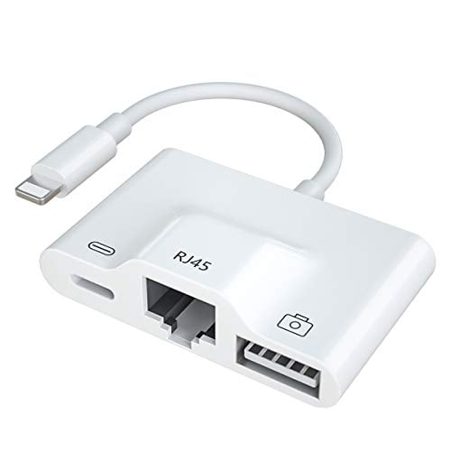 Book Cover Light ning to RJ45 Audio and OTG Adapter Ethernet LAN Wired Network Adapter 3 in 1 Light ning to USB Camera Adapter Charging Data Sync Compatible iPhone/iPad Required iOS 10.0 or Above White