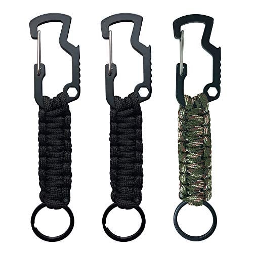 Book Cover SHAND 3Pack Survival Paracord Lanyard Keychain with Carabiner Bottle Opener for Keys, Flashlight, Knife, Whistle, Useful for Outdoor Camping Survival Kits (2BLK+1CAM[3PACK])