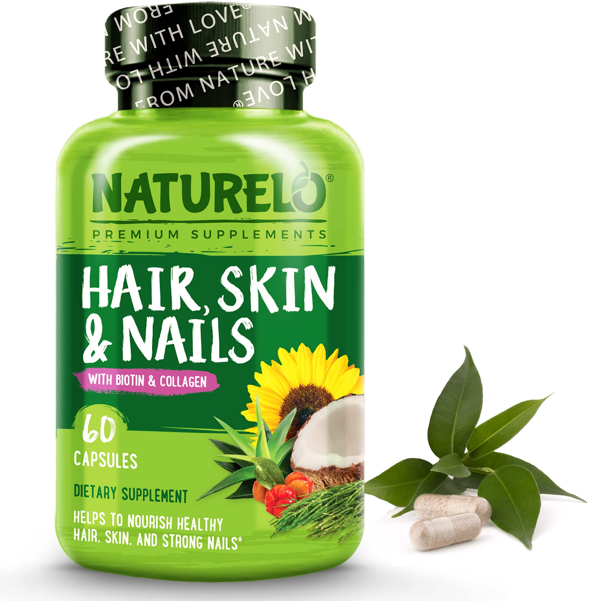 Book Cover NATURELO Hair, Skin and Nails Vitamins - 5000 mcg Biotin, Collagen, Natural Vitamin E - Supplement for Healthy Skin, Hair Growth for Women and Men – 60 Capsules Multivitamin + Biotin 60 Count (Pack of 1)