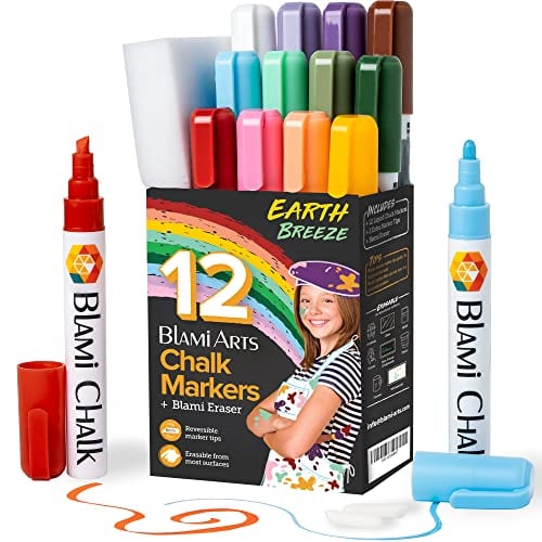 Book Cover Blami Arts Chalk Markers Window Markers for Cars 12 Pastel Pens Set - Earth Colors Chalkboard Markers - Chalk Markers with Reversible Tips and Erasing Sponge Included