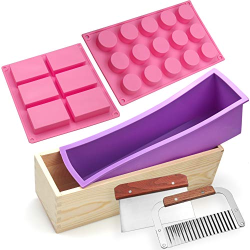 Book Cover Silicone soap molds kit - 6 Cavities Biscuits Rectangular Holes Cylinder DIY Handmade Soap Loaf Mold kit,Comes with Wood Box Stainless Steel Wavy & Straight Scraper