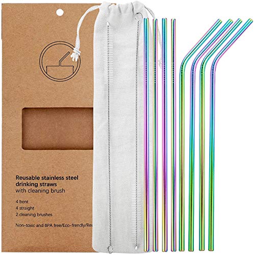 Book Cover YIHONG Set of 8 Stainless Steel Metal Straws Ultra Long 10.5 Inch Colorful Reusable Drinking Straws For Tumblers Rumblers Cold Beverage (4 Straight|4 Bent|2 Brushes|1 Pouch)