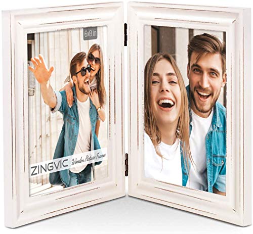 Book Cover ZingVic Double Picture Frames 6x8, White Wood, Two mats for 4x6 inch Pictures, Rustic and Distressed Design, Hinge, Stands Vertically on Desk Table Top (Ivory White Color)